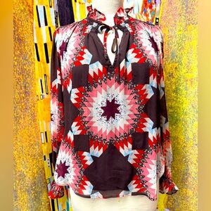 LOFT Geometric Quilt Graphic Tie Front Blouse Size Medium